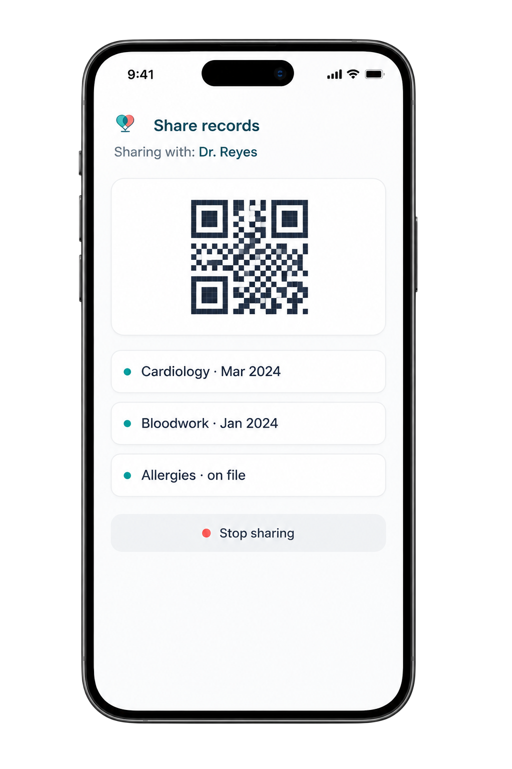 Step 3: record sharing screen with QR code and list of shared documents